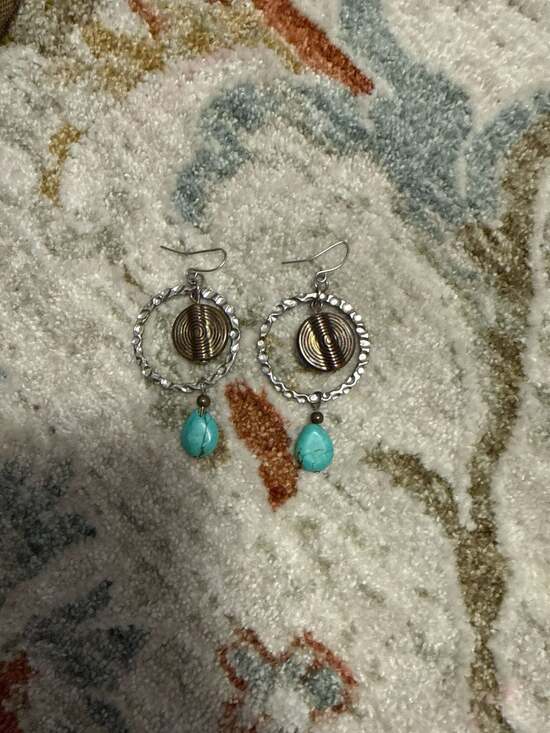 Handmade Mixed Metal Hoop Dangle Earrings with Turquoise Teardrops and Copper Sp - Picture 4 of 5